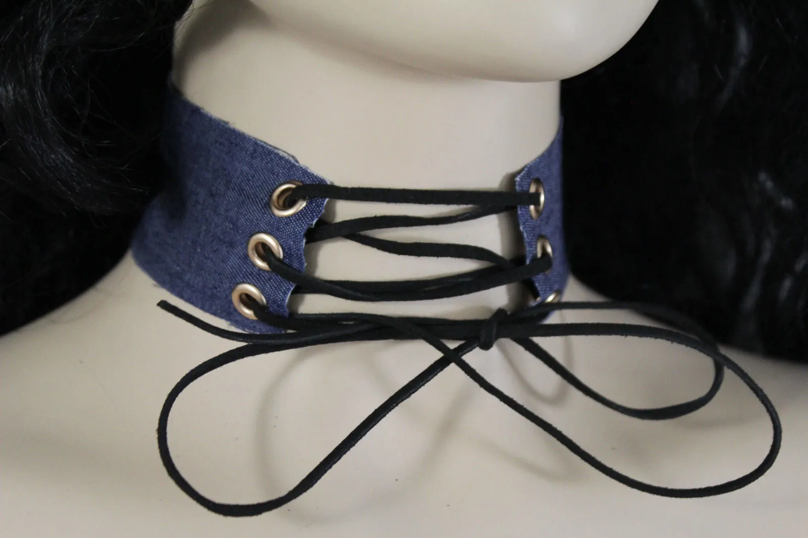 Dark Blue Metallic Rose Gold Pastel Pink Animal Print Leopard Brown Wide Denim Fabric Corset Long Tie Choker Necklace