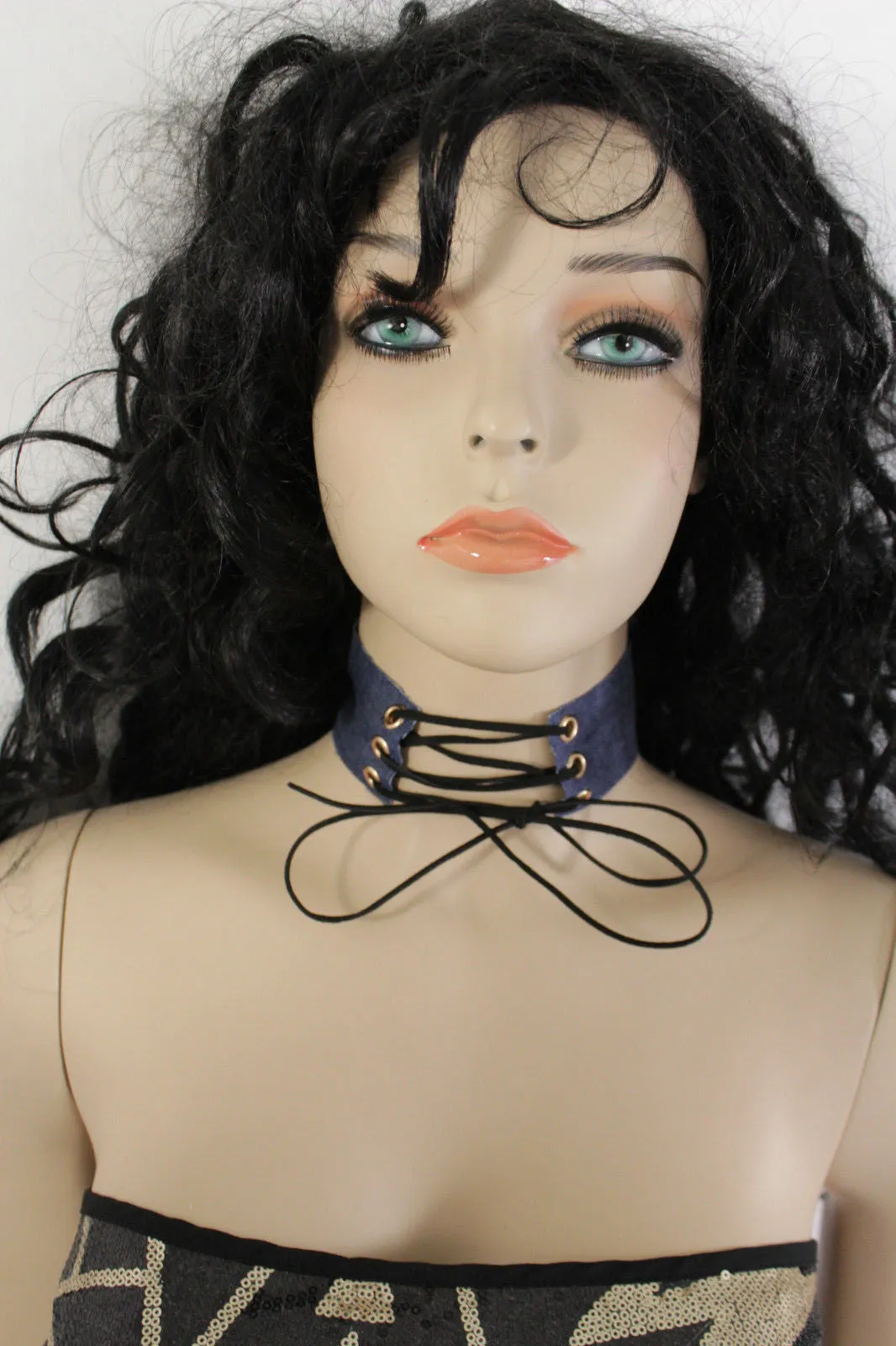 Dark Blue Metallic Rose Gold Pastel Pink Animal Print Leopard Brown Wide Denim Fabric Corset Long Tie Choker Necklace