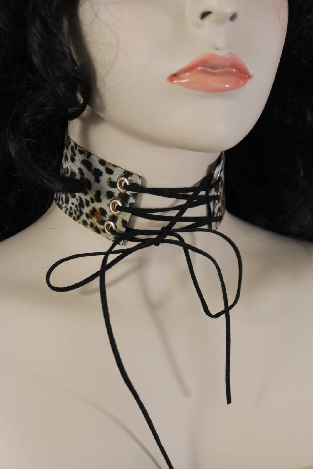 Dark Blue Metallic Rose Gold Pastel Pink Animal Print Leopard Brown Wide Denim Fabric Corset Long Tie Choker Necklace