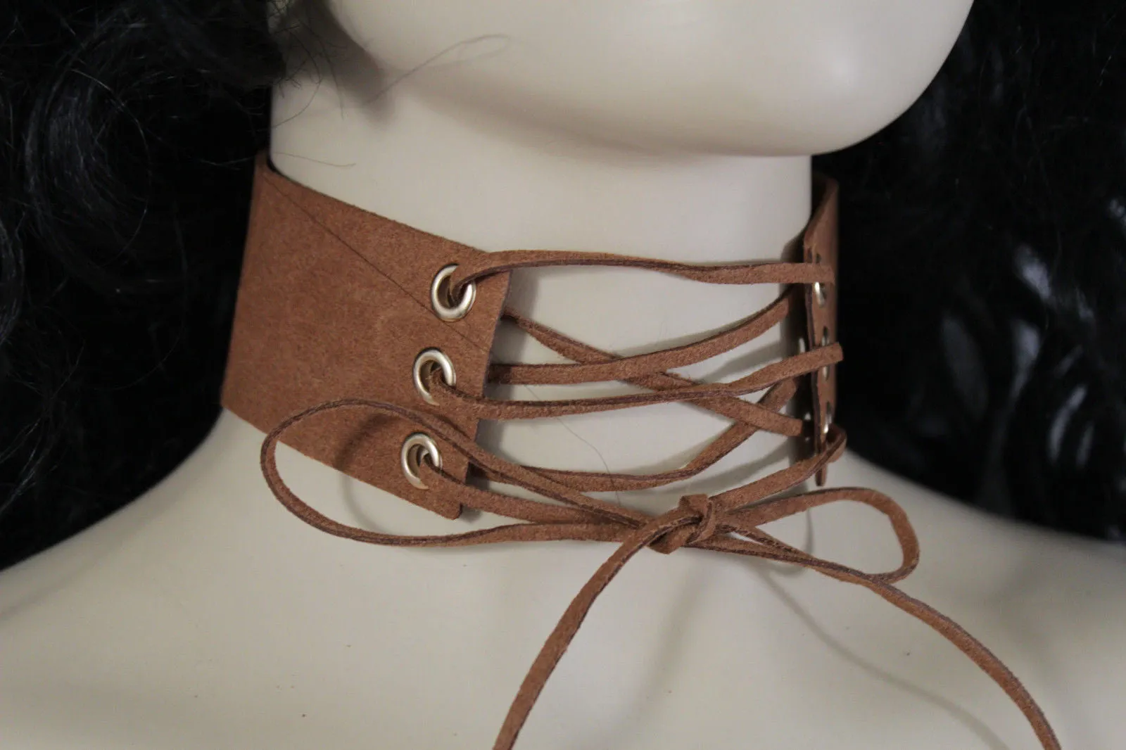 Dark Blue Metallic Rose Gold Pastel Pink Animal Print Leopard Brown Wide Denim Fabric Corset Long Tie Choker Necklace
