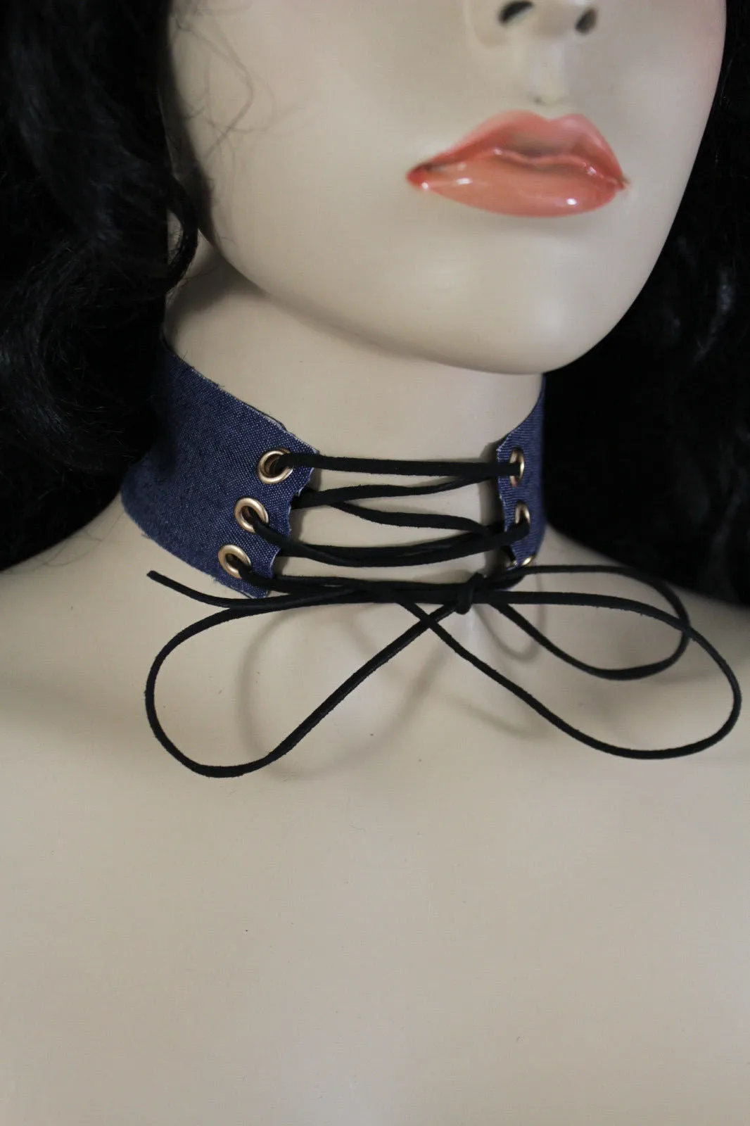 Dark Blue Metallic Rose Gold Pastel Pink Animal Print Leopard Brown Wide Denim Fabric Corset Long Tie Choker Necklace