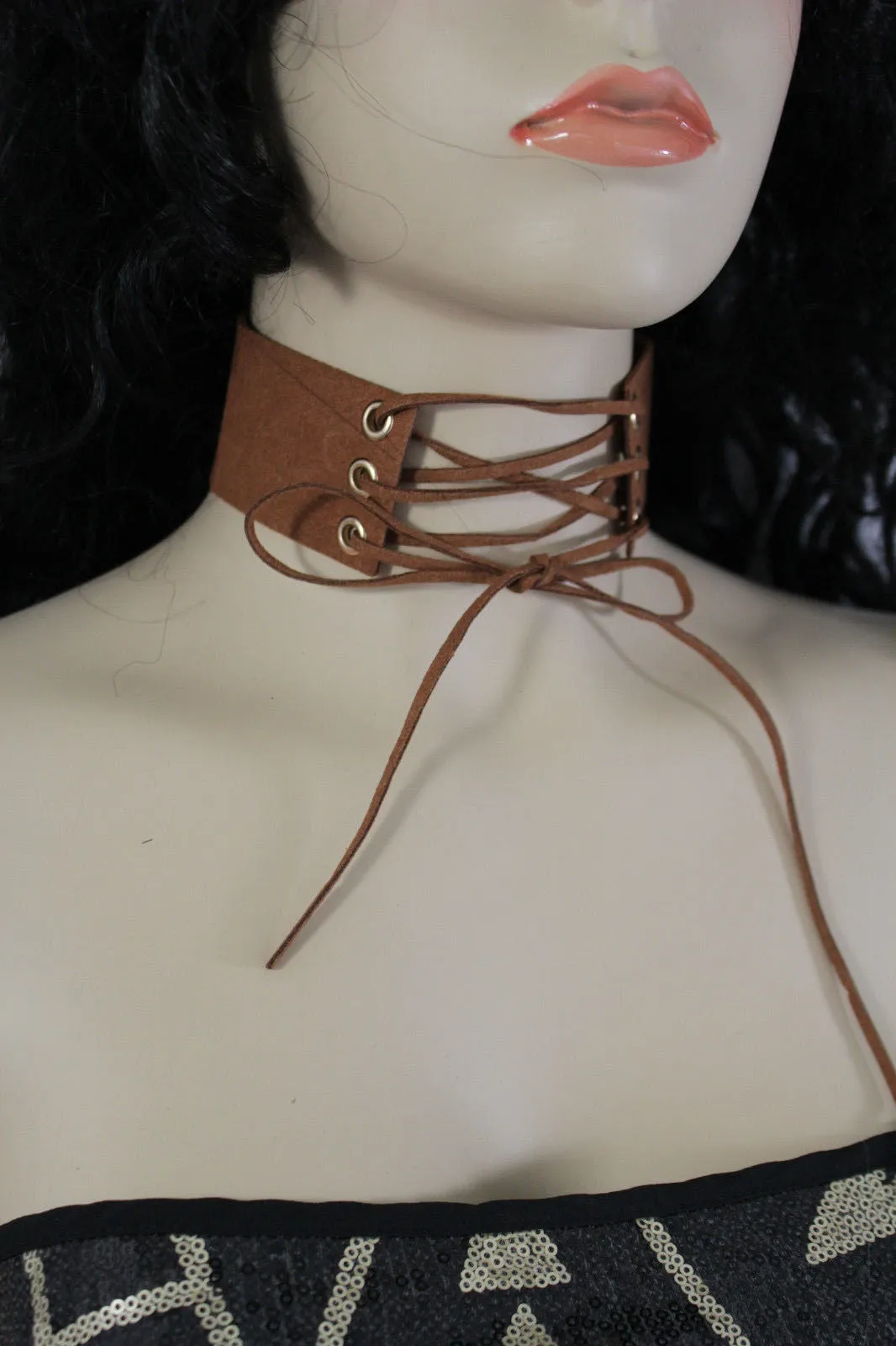 Dark Blue Metallic Rose Gold Pastel Pink Animal Print Leopard Brown Wide Denim Fabric Corset Long Tie Choker Necklace