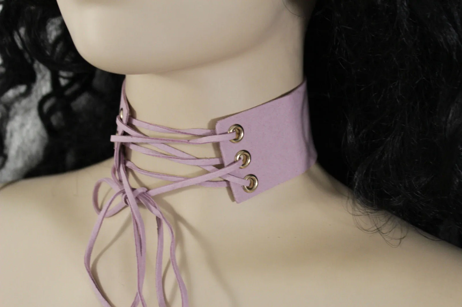 Dark Blue Metallic Rose Gold Pastel Pink Animal Print Leopard Brown Wide Denim Fabric Corset Long Tie Choker Necklace