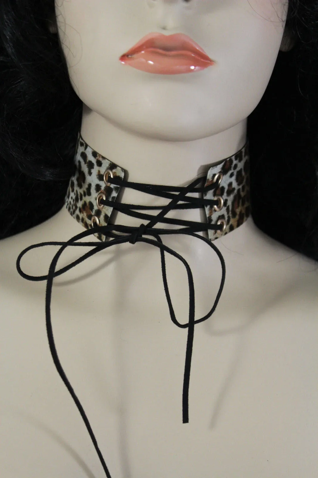 Dark Blue Metallic Rose Gold Pastel Pink Animal Print Leopard Brown Wide Denim Fabric Corset Long Tie Choker Necklace