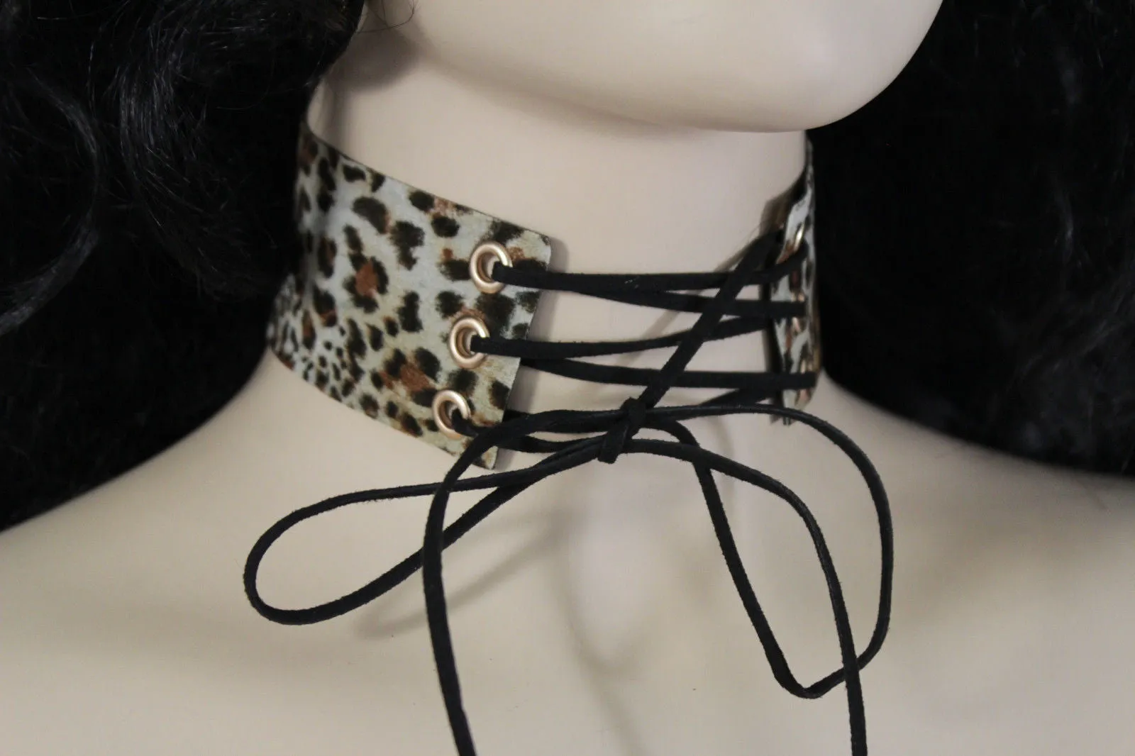 Dark Blue Metallic Rose Gold Pastel Pink Animal Print Leopard Brown Wide Denim Fabric Corset Long Tie Choker Necklace