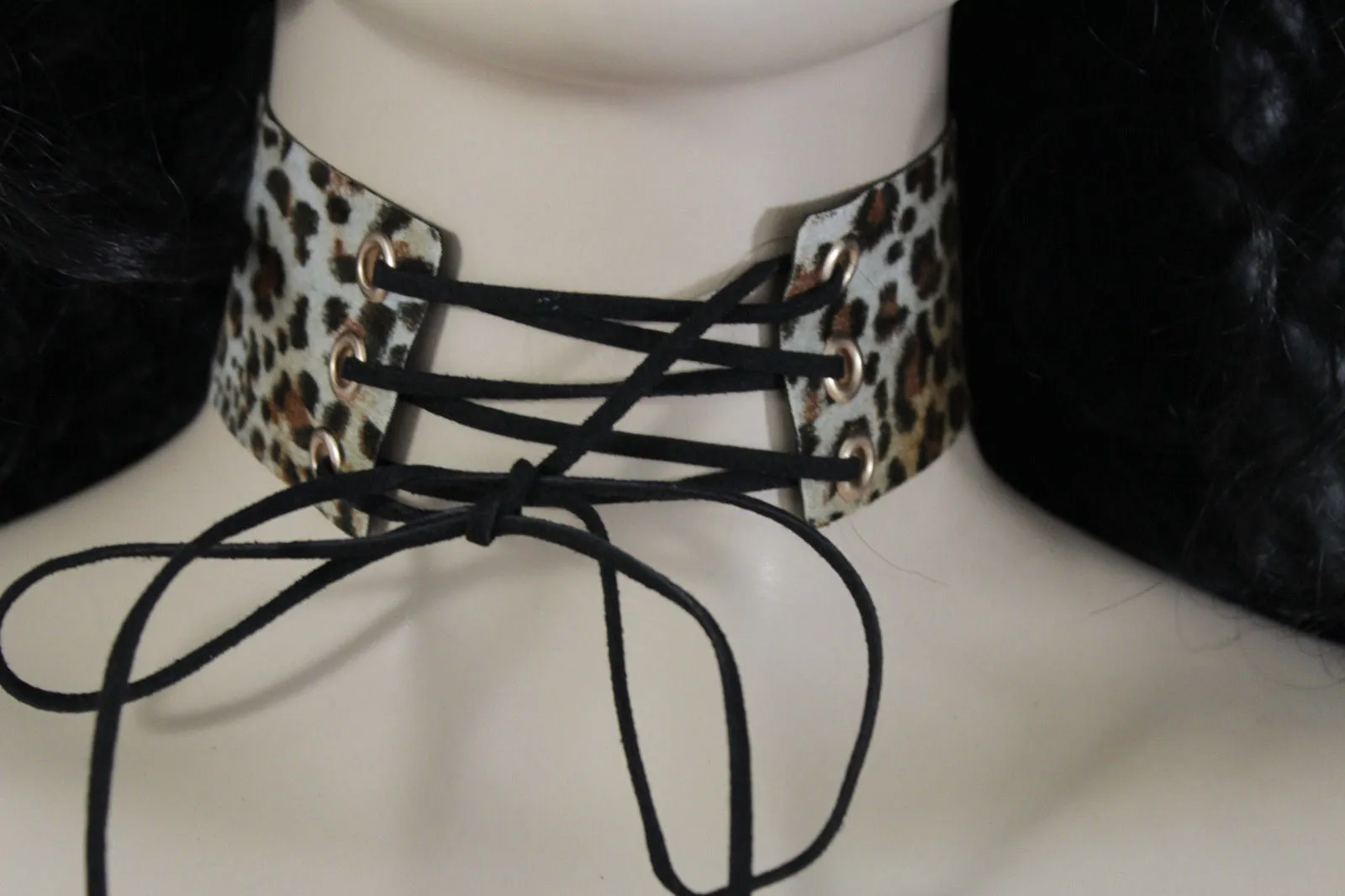 Dark Blue Metallic Rose Gold Pastel Pink Animal Print Leopard Brown Wide Denim Fabric Corset Long Tie Choker Necklace