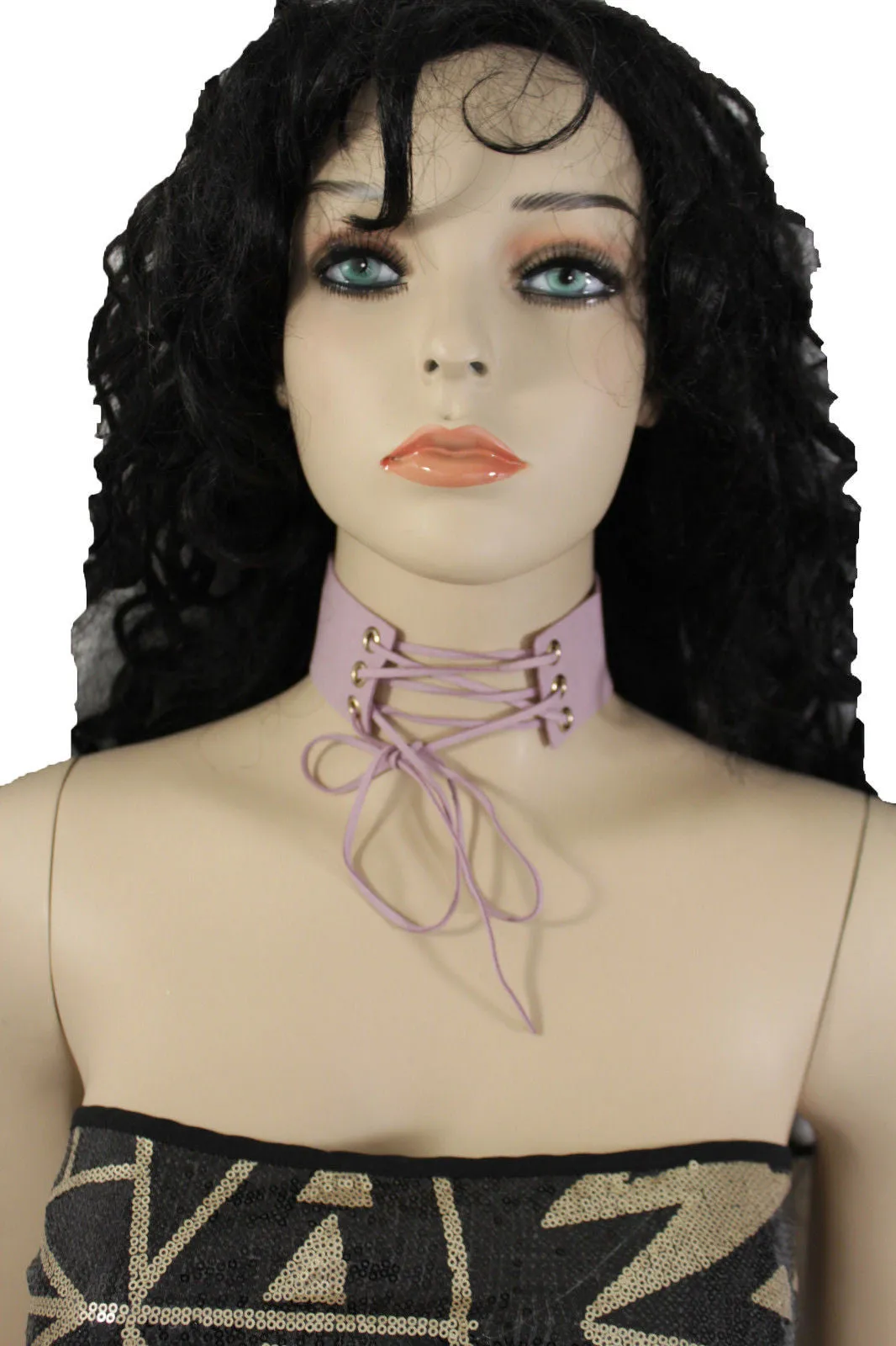 Dark Blue Metallic Rose Gold Pastel Pink Animal Print Leopard Brown Wide Denim Fabric Corset Long Tie Choker Necklace