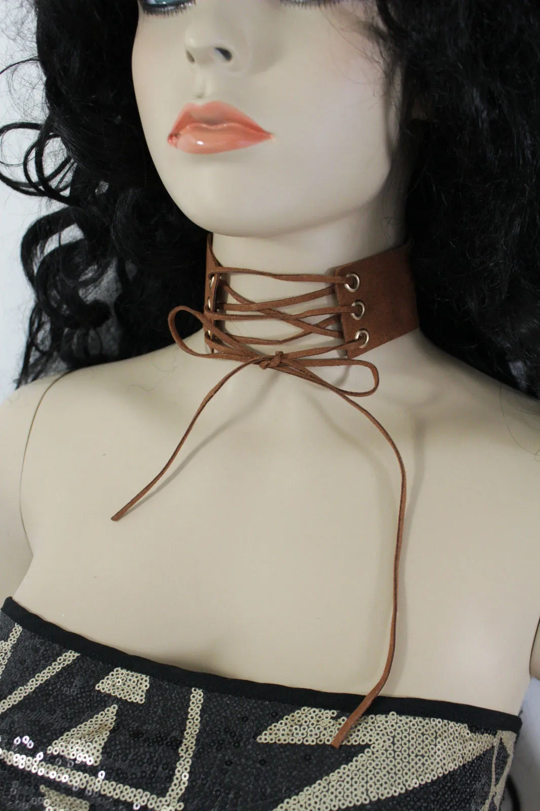 Dark Blue Metallic Rose Gold Pastel Pink Animal Print Leopard Brown Wide Denim Fabric Corset Long Tie Choker Necklace