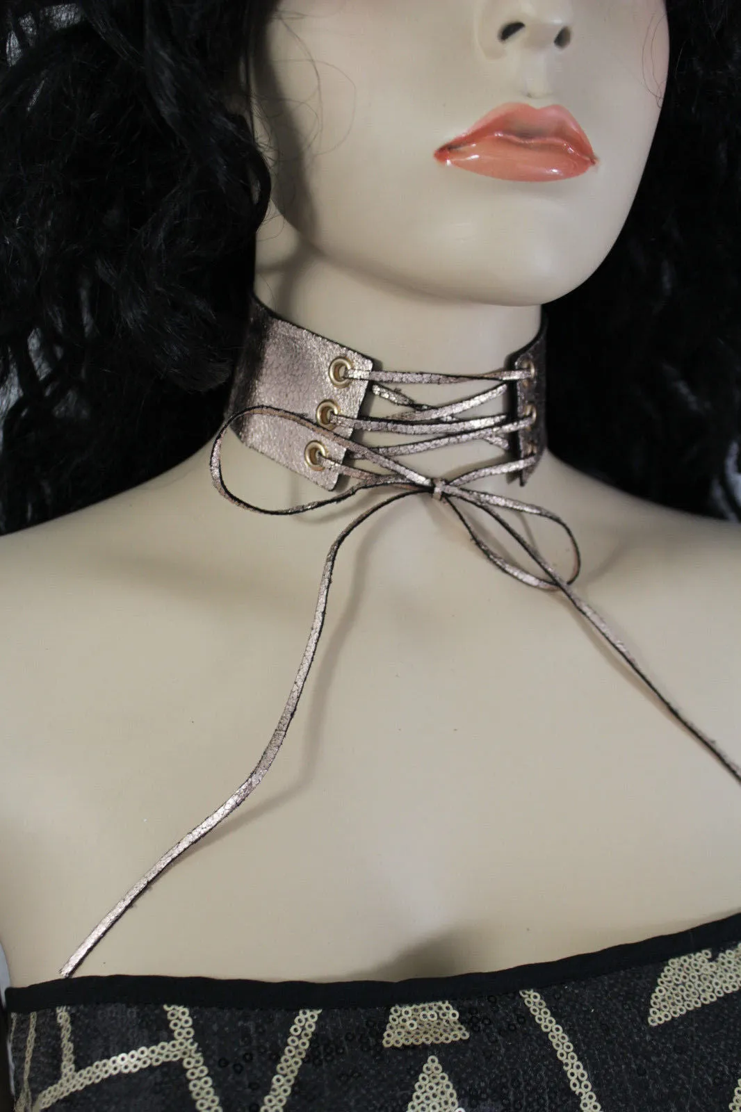 Dark Blue Metallic Rose Gold Pastel Pink Animal Print Leopard Brown Wide Denim Fabric Corset Long Tie Choker Necklace
