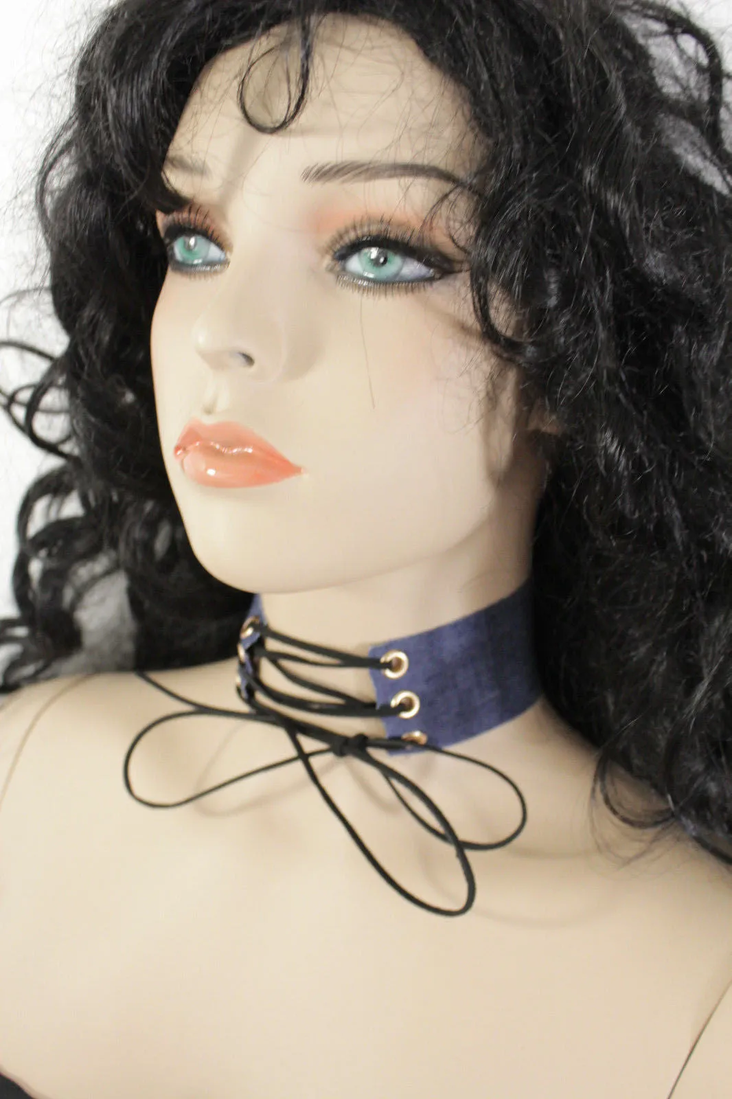 Dark Blue Metallic Rose Gold Pastel Pink Animal Print Leopard Brown Wide Denim Fabric Corset Long Tie Choker Necklace