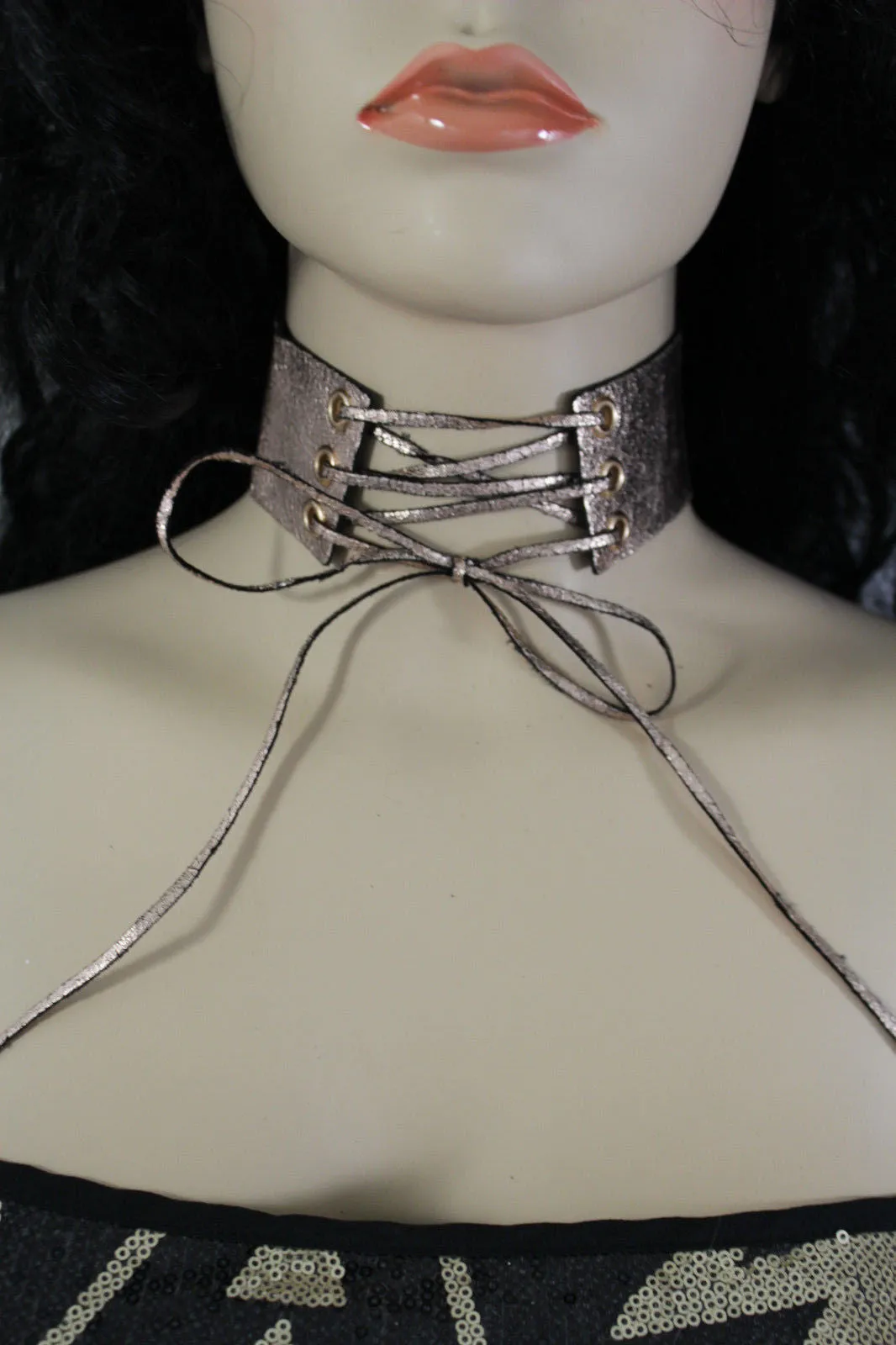 Dark Blue Metallic Rose Gold Pastel Pink Animal Print Leopard Brown Wide Denim Fabric Corset Long Tie Choker Necklace