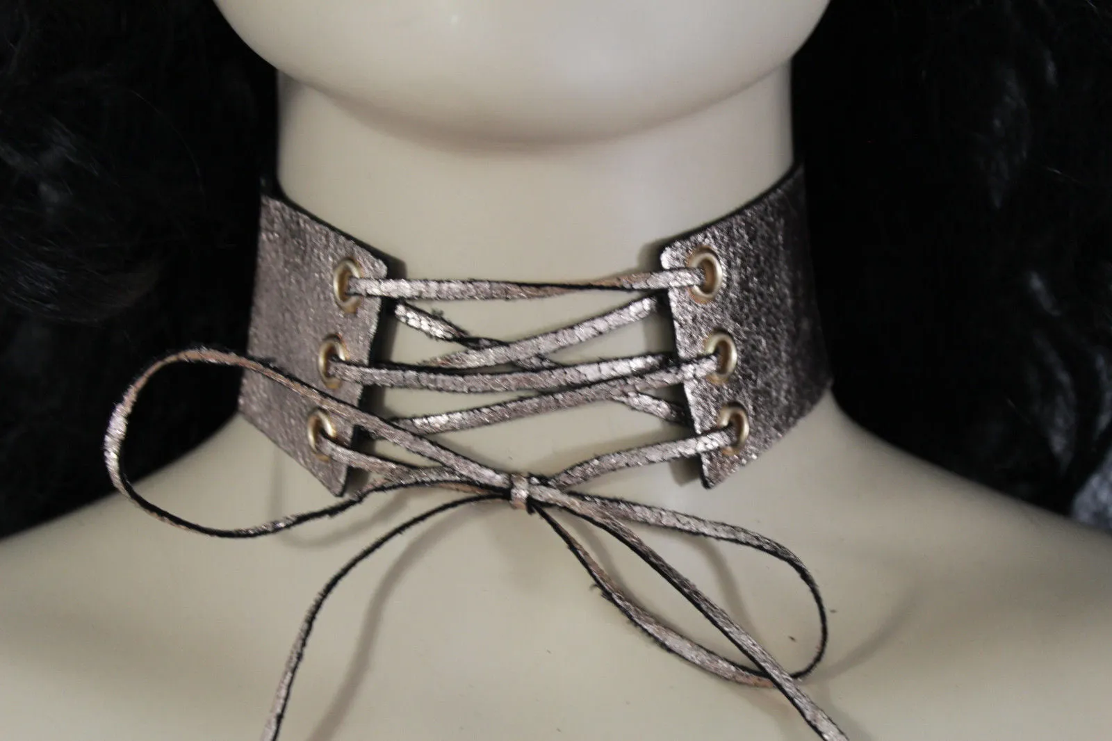 Dark Blue Metallic Rose Gold Pastel Pink Animal Print Leopard Brown Wide Denim Fabric Corset Long Tie Choker Necklace