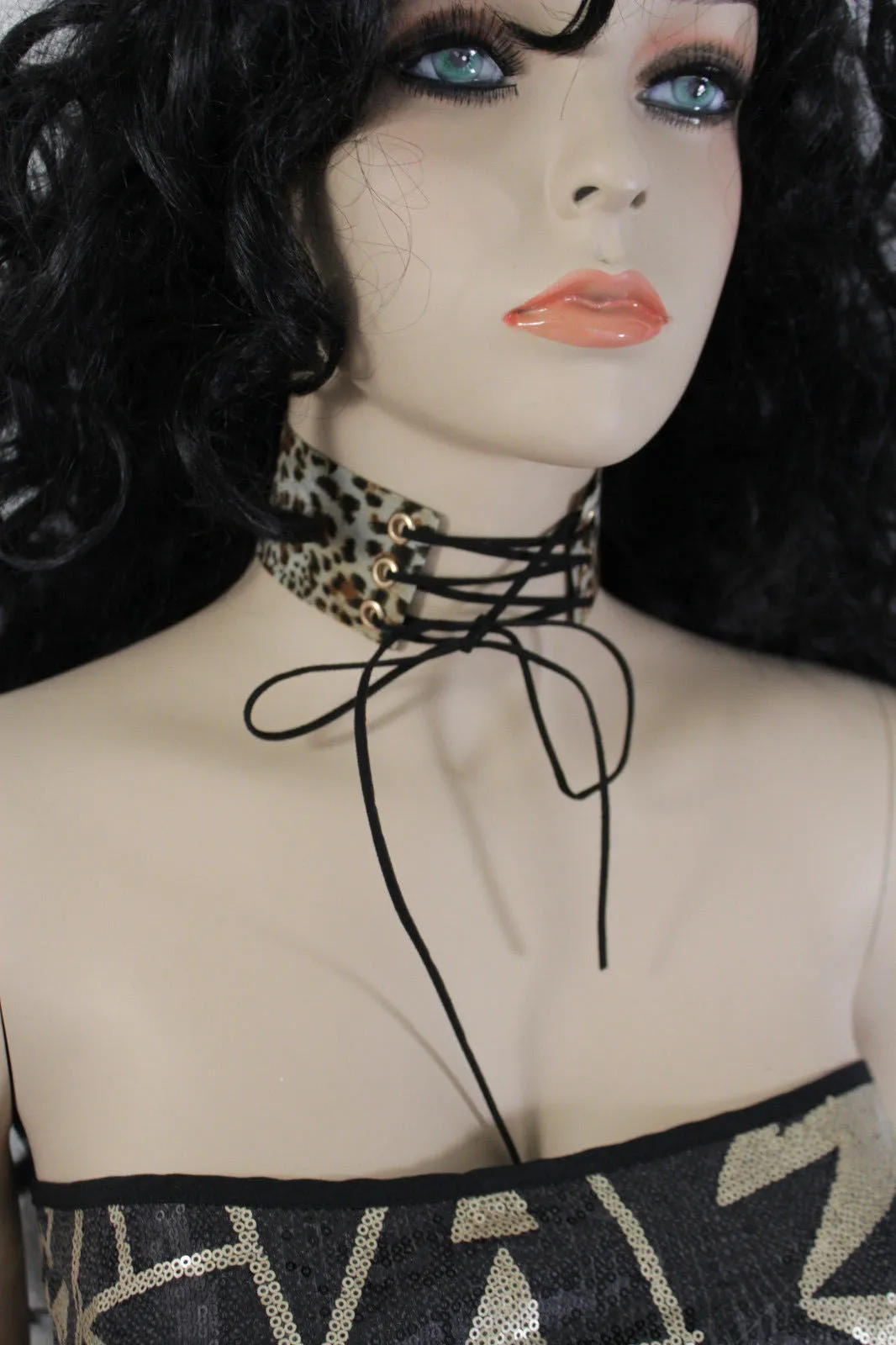 Dark Blue Metallic Rose Gold Pastel Pink Animal Print Leopard Brown Wide Denim Fabric Corset Long Tie Choker Necklace