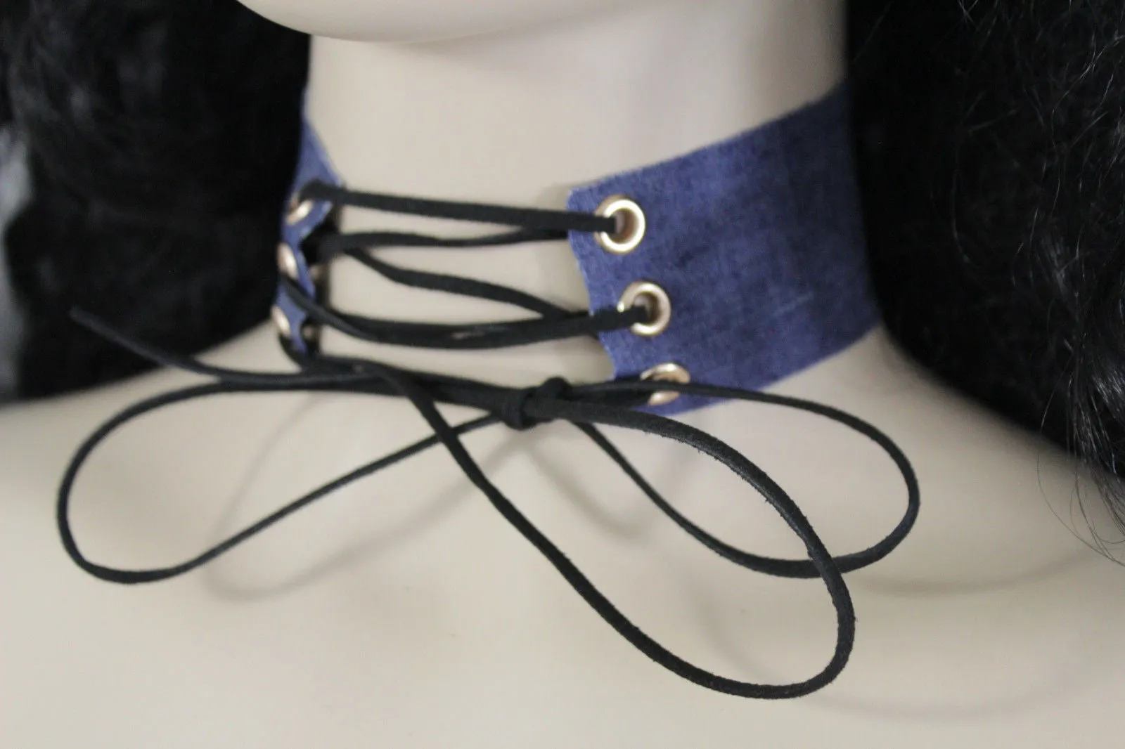 Dark Blue Metallic Rose Gold Pastel Pink Animal Print Leopard Brown Wide Denim Fabric Corset Long Tie Choker Necklace