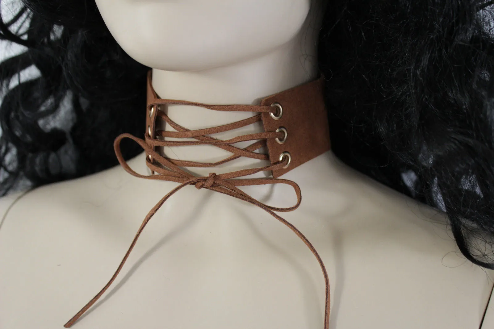 Dark Blue Metallic Rose Gold Pastel Pink Animal Print Leopard Brown Wide Denim Fabric Corset Long Tie Choker Necklace