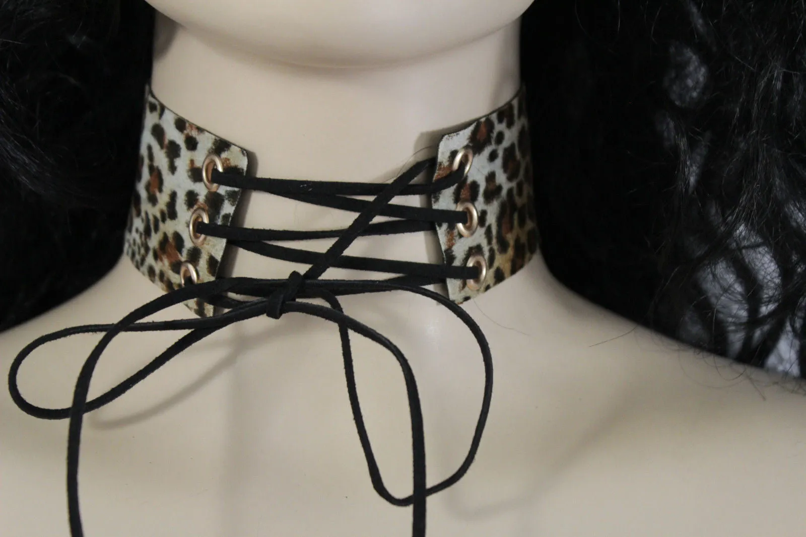 Dark Blue Metallic Rose Gold Pastel Pink Animal Print Leopard Brown Wide Denim Fabric Corset Long Tie Choker Necklace