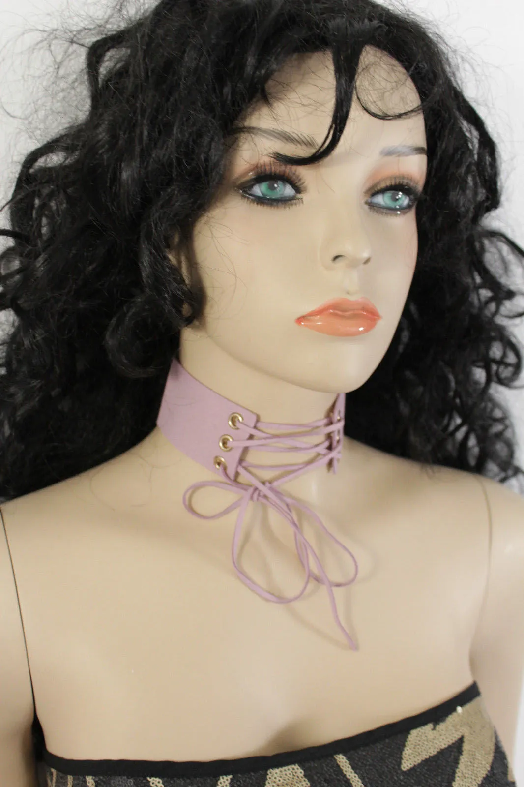 Dark Blue Metallic Rose Gold Pastel Pink Animal Print Leopard Brown Wide Denim Fabric Corset Long Tie Choker Necklace