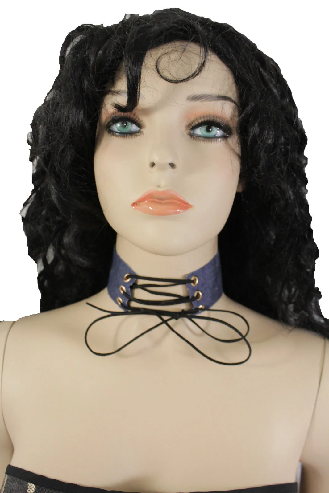Dark Blue Metallic Rose Gold Pastel Pink Animal Print Leopard Brown Wide Denim Fabric Corset Long Tie Choker Necklace
