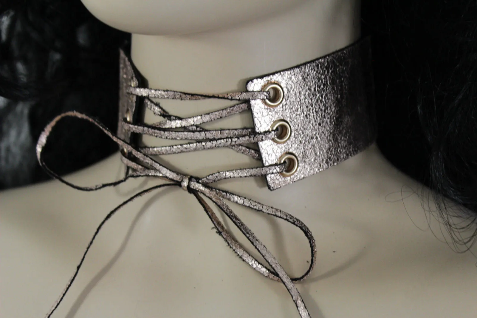 Dark Blue Metallic Rose Gold Pastel Pink Animal Print Leopard Brown Wide Denim Fabric Corset Long Tie Choker Necklace