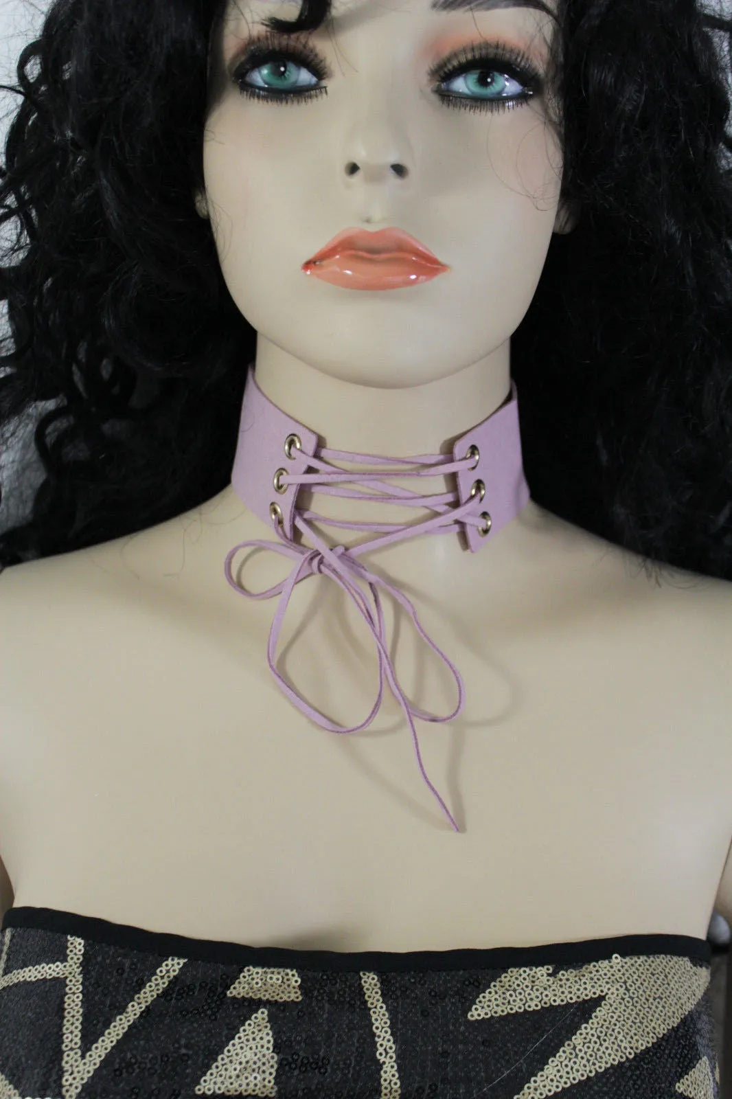 Dark Blue Metallic Rose Gold Pastel Pink Animal Print Leopard Brown Wide Denim Fabric Corset Long Tie Choker Necklace