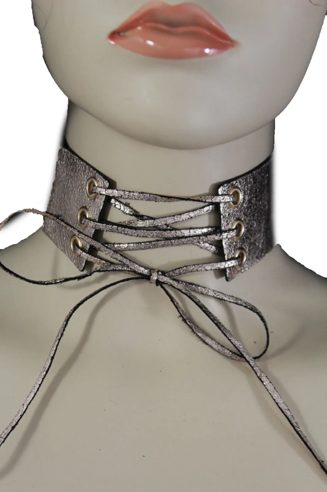 Dark Blue Metallic Rose Gold Pastel Pink Animal Print Leopard Brown Wide Denim Fabric Corset Long Tie Choker Necklace