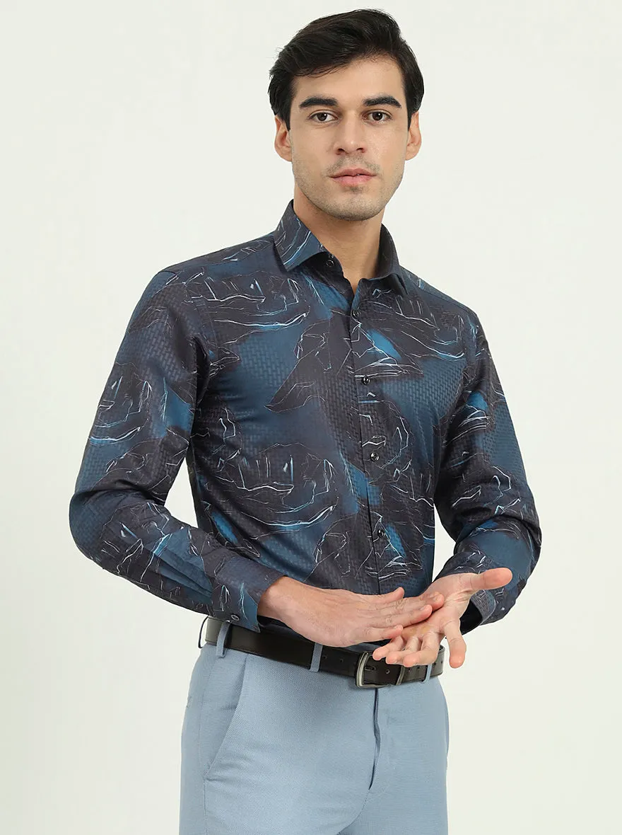 Dark Blue Printed Slim Fit Party Wear Shirt | Greenfire