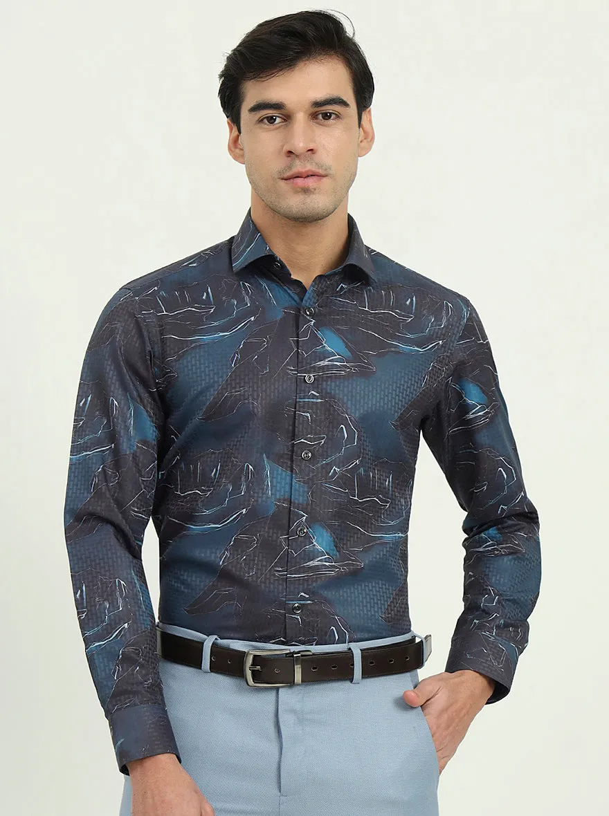 Dark Blue Printed Slim Fit Party Wear Shirt | Greenfire