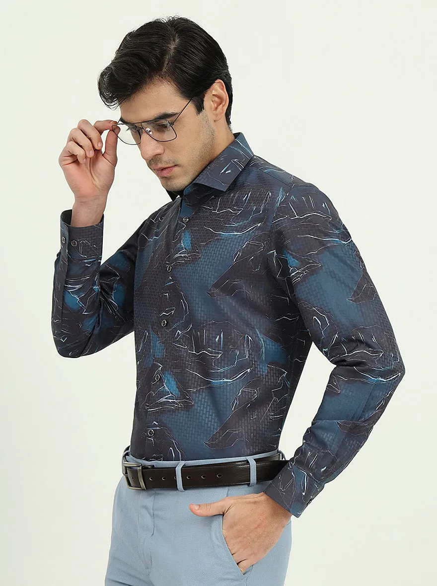Dark Blue Printed Slim Fit Party Wear Shirt | Greenfire