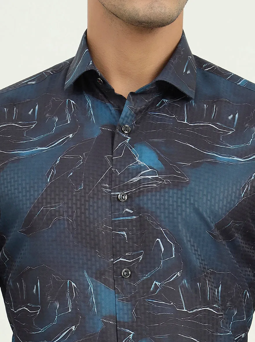 Dark Blue Printed Slim Fit Party Wear Shirt | Greenfire