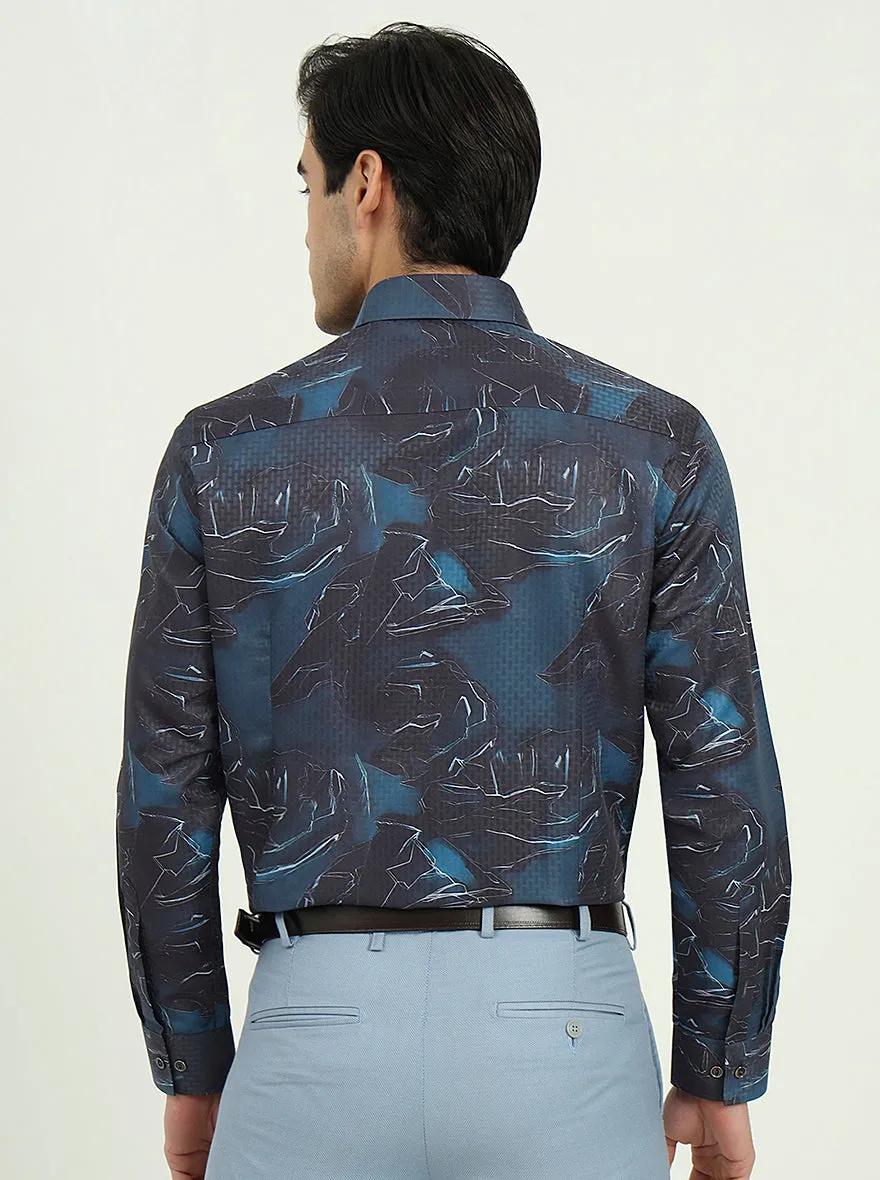 Dark Blue Printed Slim Fit Party Wear Shirt | Greenfire