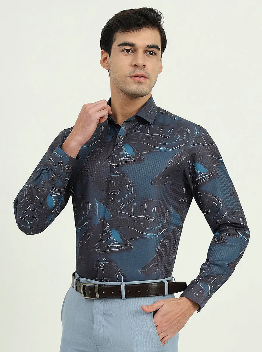 Dark Blue Printed Slim Fit Party Wear Shirt | Greenfire