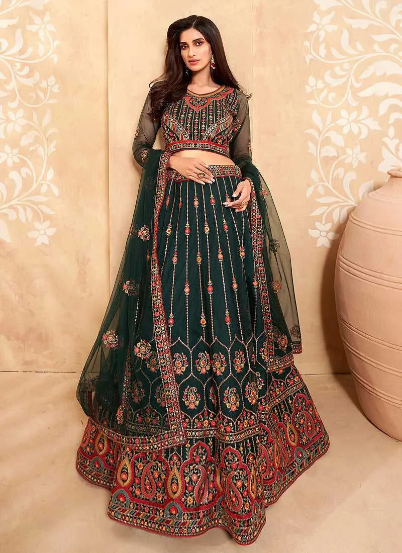 Dark Green Heavy Floral Embroidered Stylish Lehenga Choli