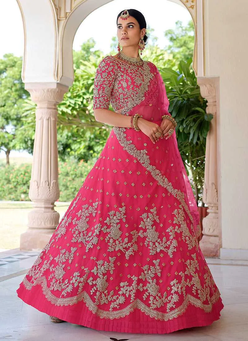 Dark Pink Floral Embroidered Stylish Wedding Lehenga