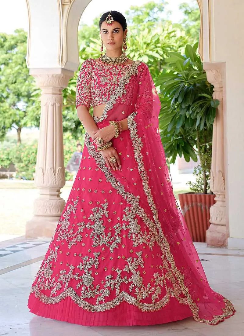 Dark Pink Floral Embroidered Stylish Wedding Lehenga
