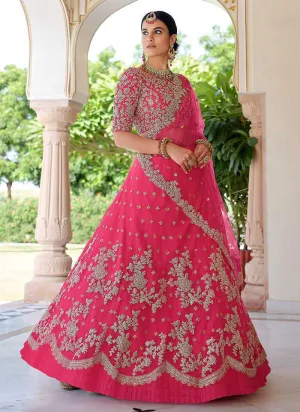 Dark Pink Floral Embroidered Stylish Wedding Lehenga