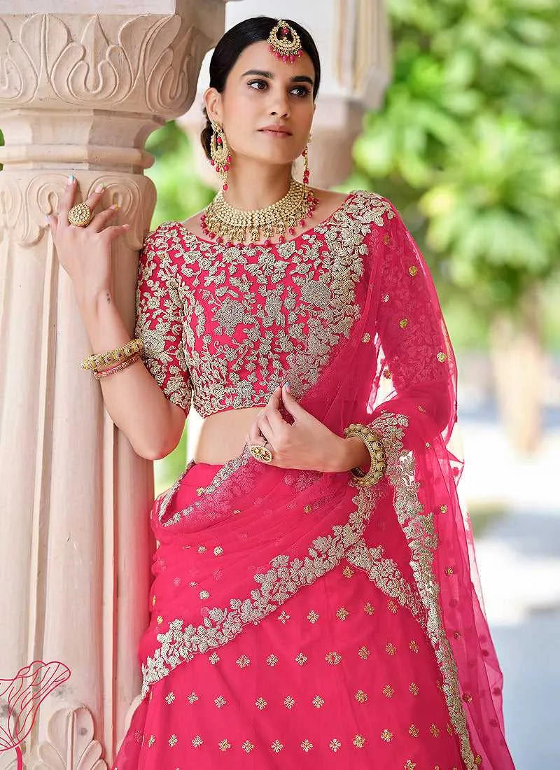 Dark Pink Floral Embroidered Stylish Wedding Lehenga