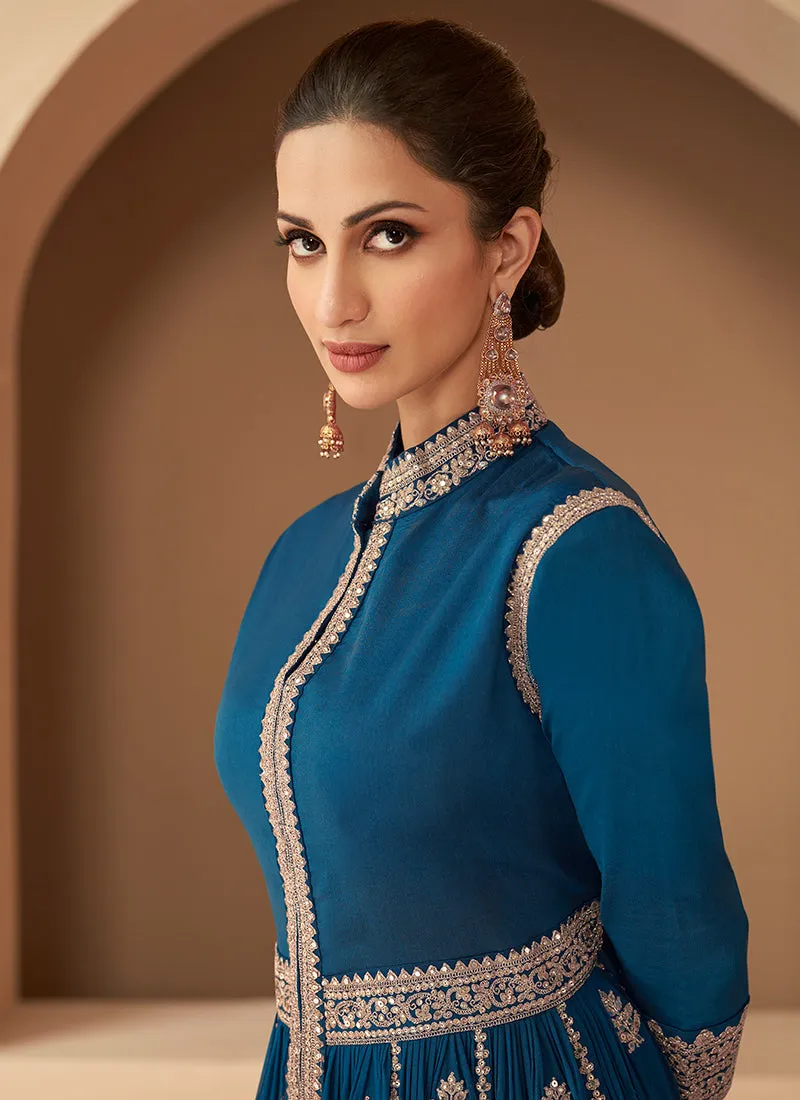 Dark Teal Heavy Embroidered Stylish Anarkali
