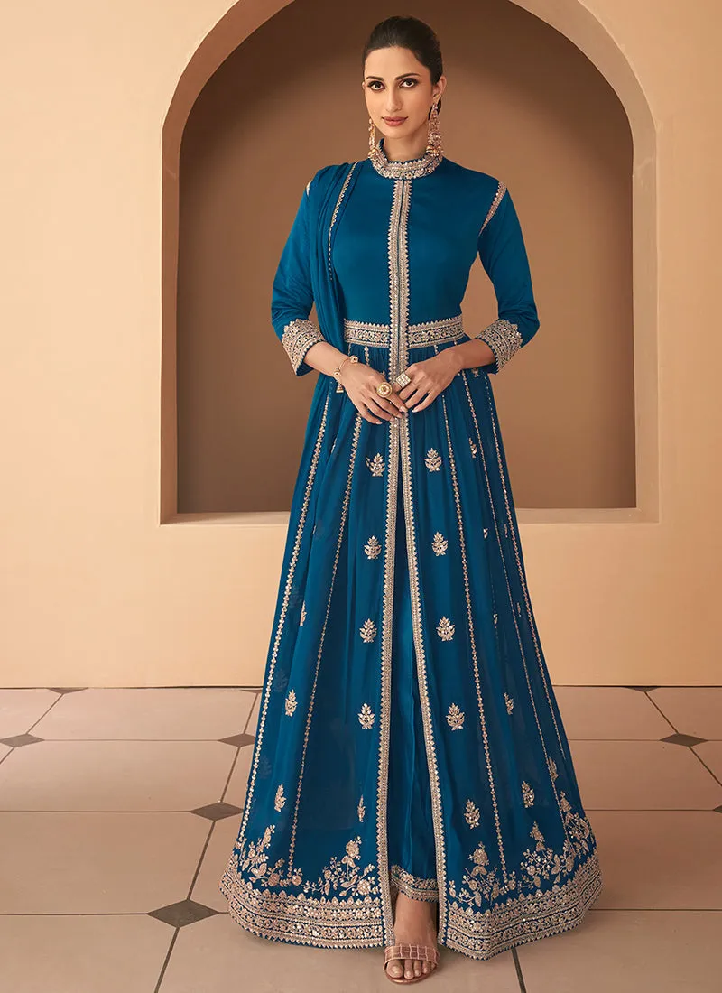 Dark Teal Heavy Embroidered Stylish Anarkali