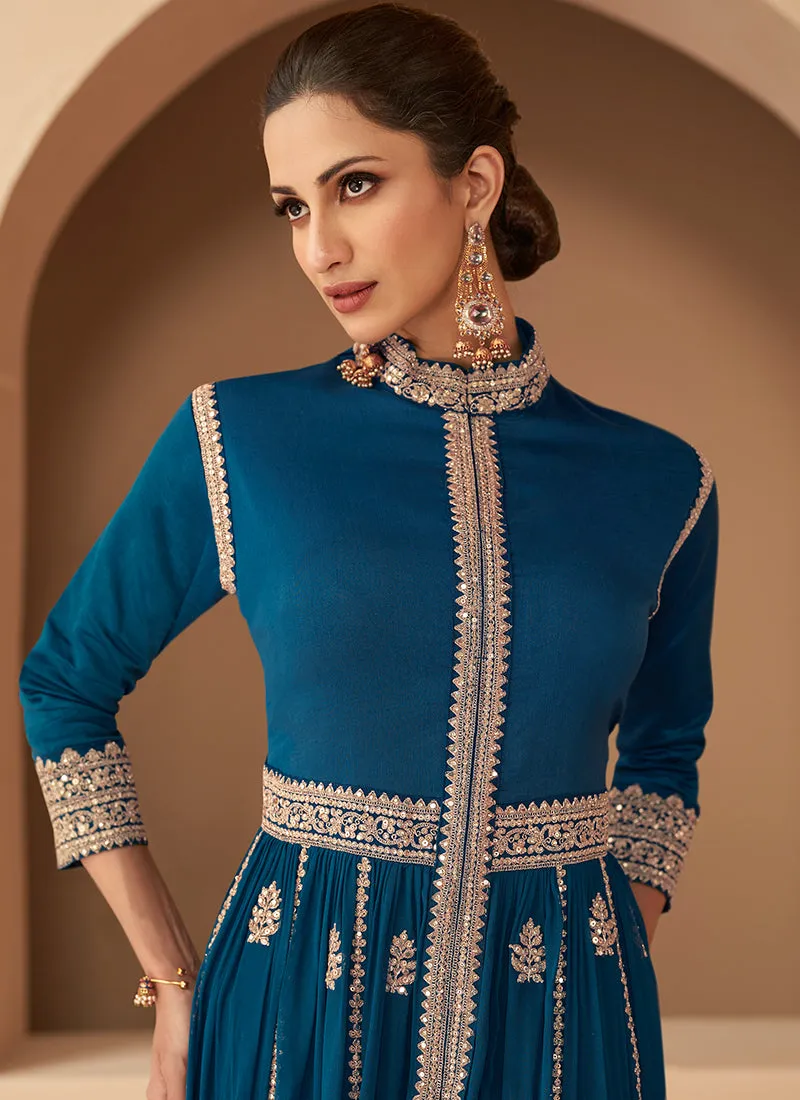 Dark Teal Heavy Embroidered Stylish Anarkali