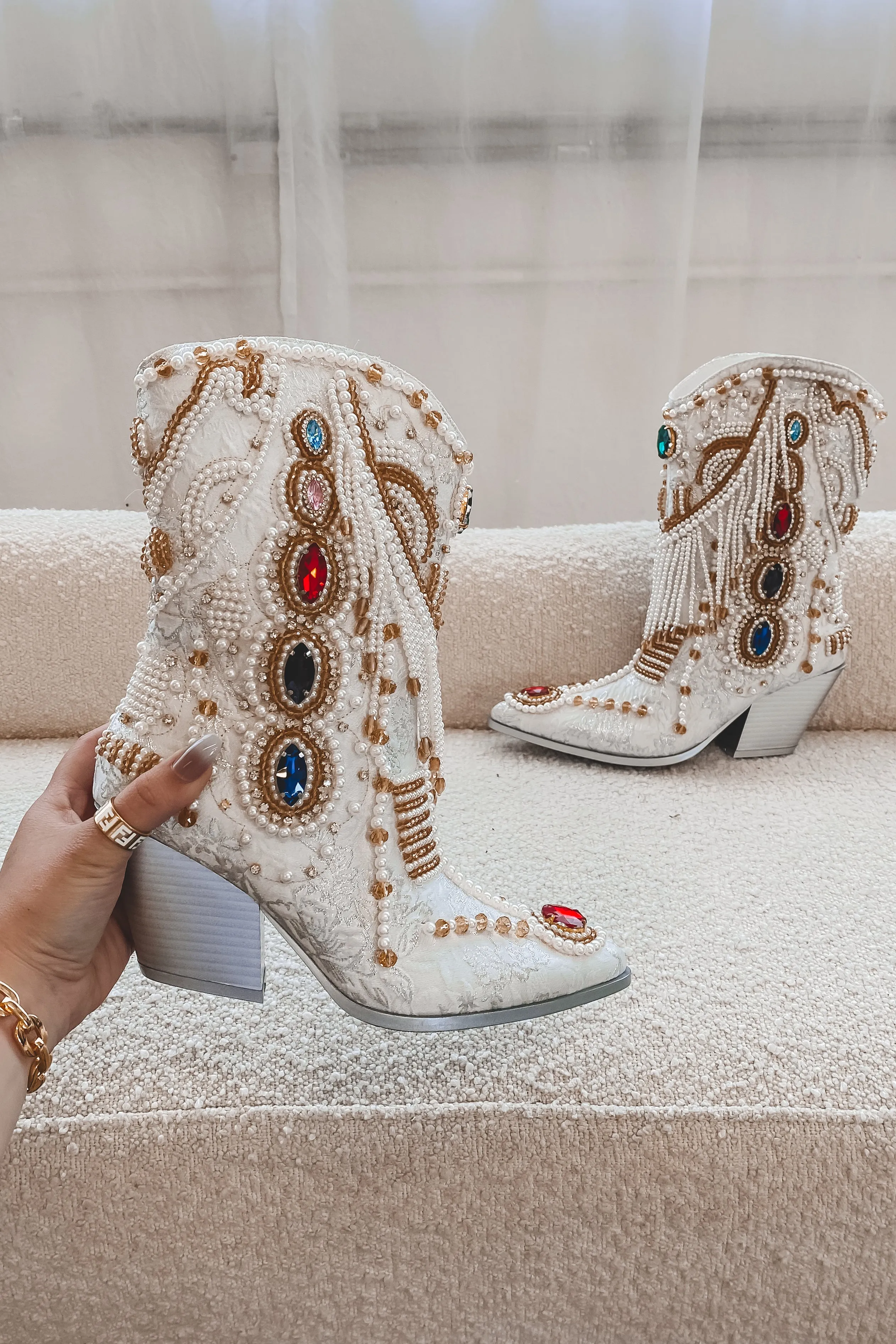 DEAL Going To The Chapel Jeweled White Statement Boots