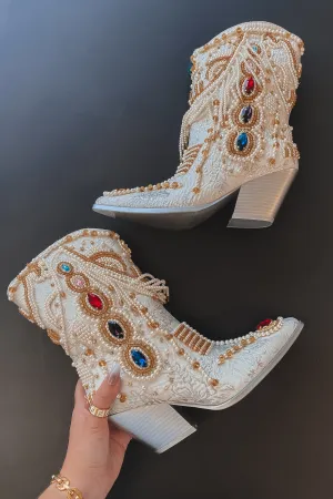 DEAL Going To The Chapel Jeweled White Statement Boots