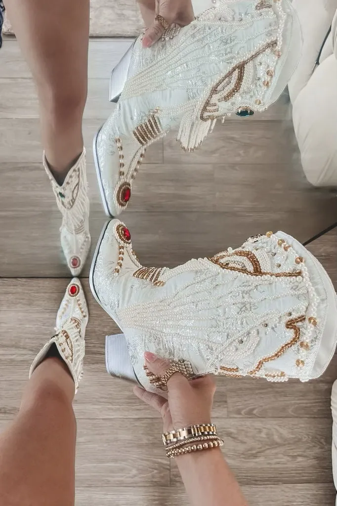 DEAL Going To The Chapel Jeweled White Statement Boots