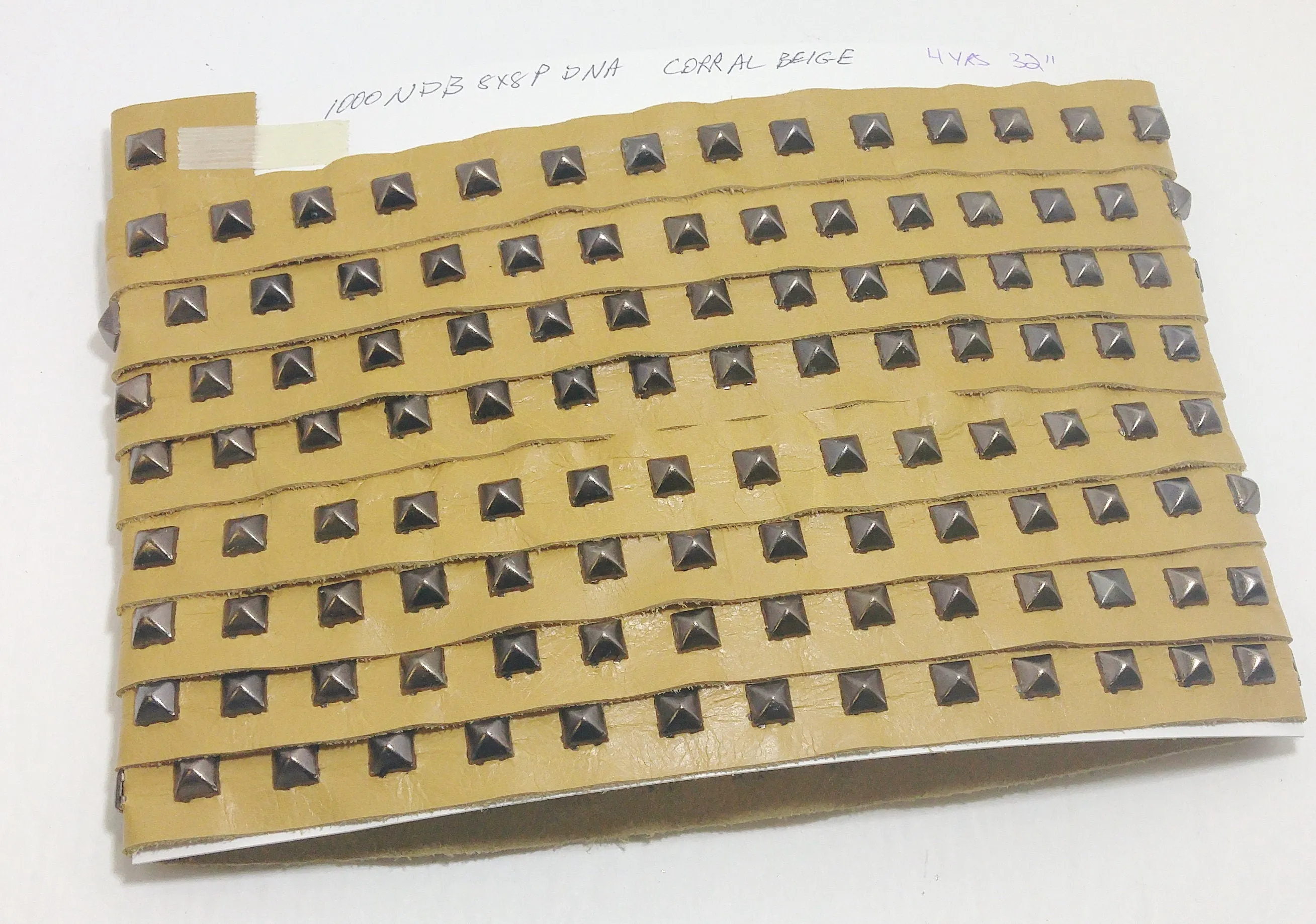 Decorative Leather Tape 1 YD of 1" wide Genuine Cowhide Leather Trim with Square Pyramid Nailheads edge binding; Corral Beige 3725XDB