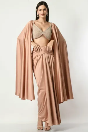 Drape Skirt With Pearl Embroidered Blouse With Open Cape Sleeves In Brown Color
