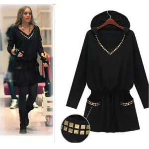 Dress Pullover Women Casual V-neck Rivet Hooded Dress Loose Plus Size Dress Black Autumn