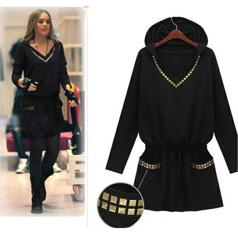 Dress Pullover Women Casual V-neck Rivet Hooded Dress Loose Plus Size Dress Black Autumn