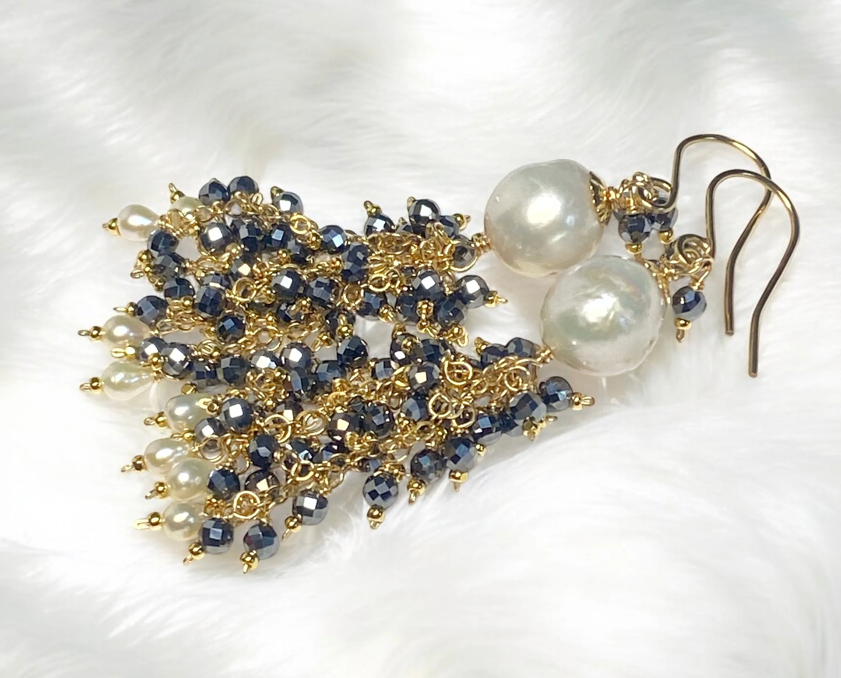 Edison Pearl, Sparkly Black Gem Tassel Earrings Gold Fill