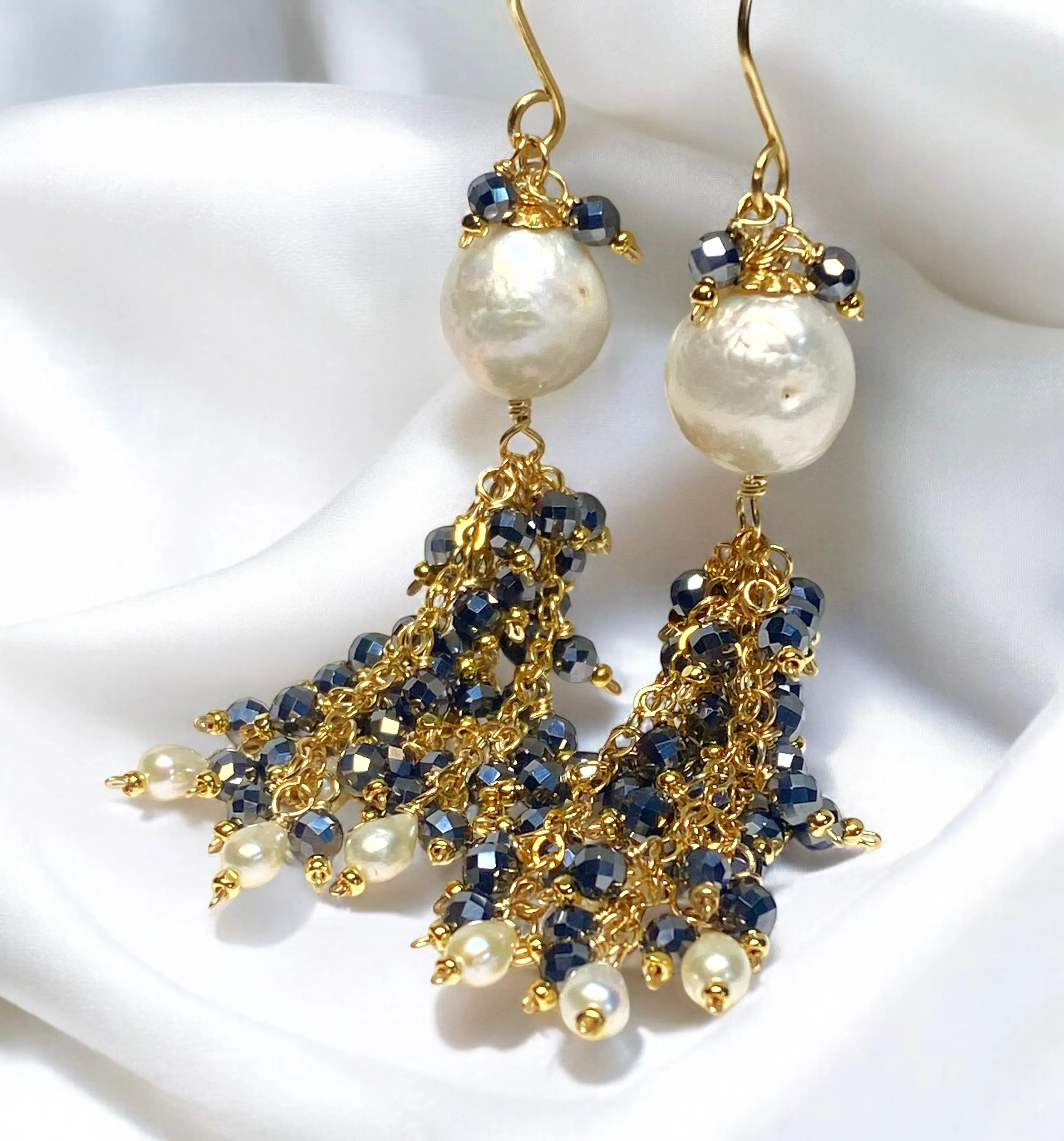 Edison Pearl, Sparkly Black Gem Tassel Earrings Gold Fill