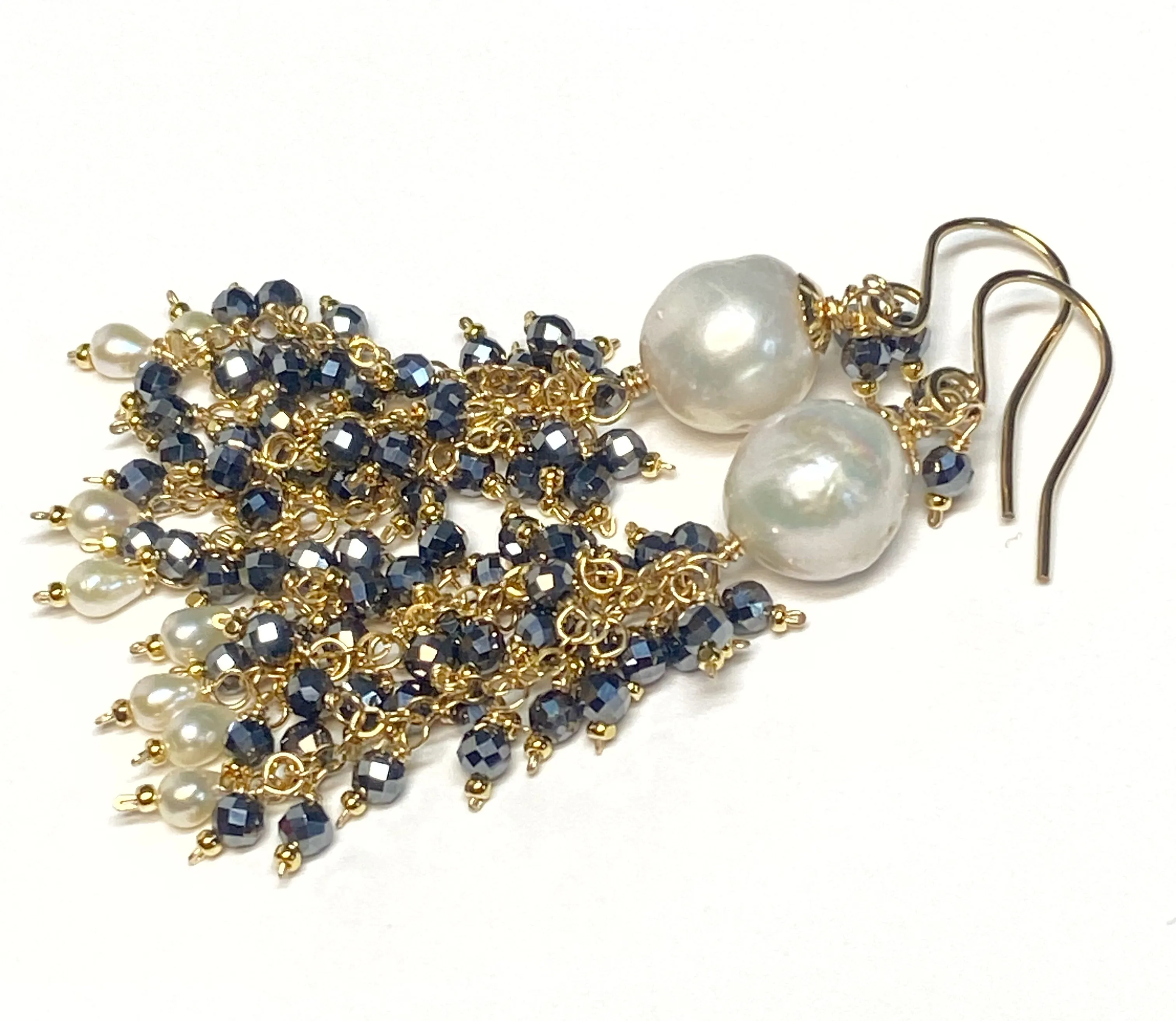 Edison Pearl, Sparkly Black Gem Tassel Earrings Gold Fill