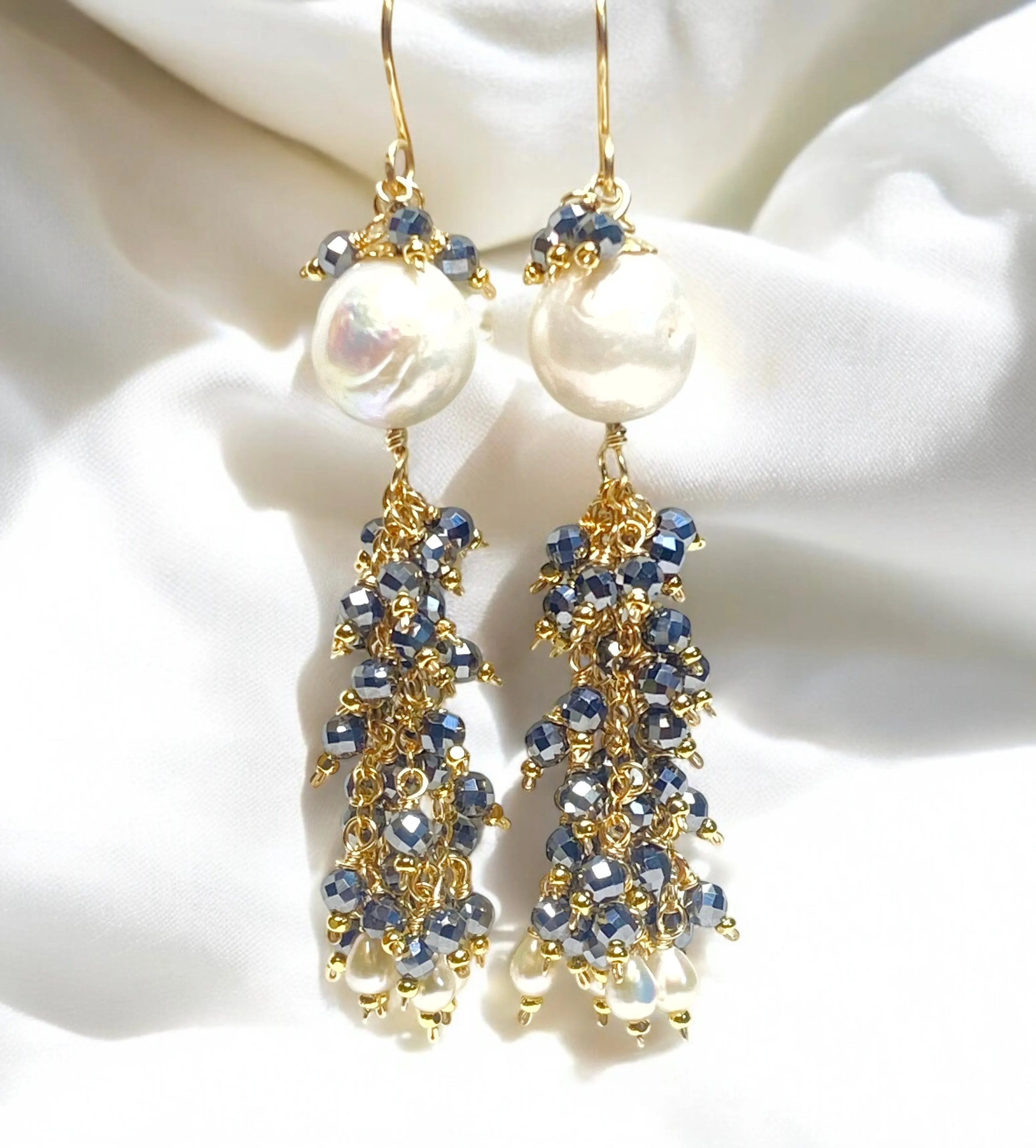 Edison Pearl, Sparkly Black Gem Tassel Earrings Gold Fill
